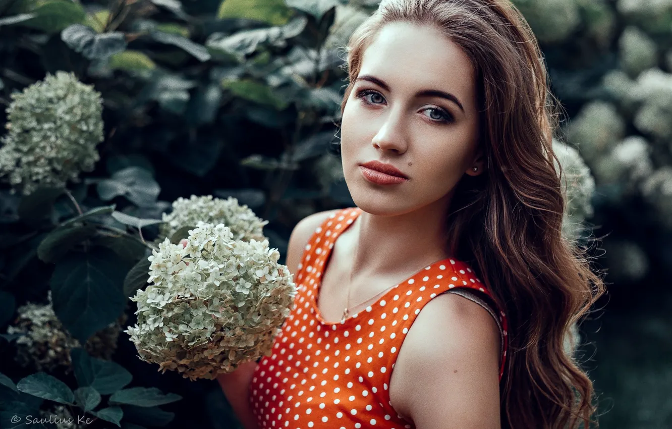 Photo wallpaper flowers, pose, model, portrait, makeup, garden, dress, hairstyle