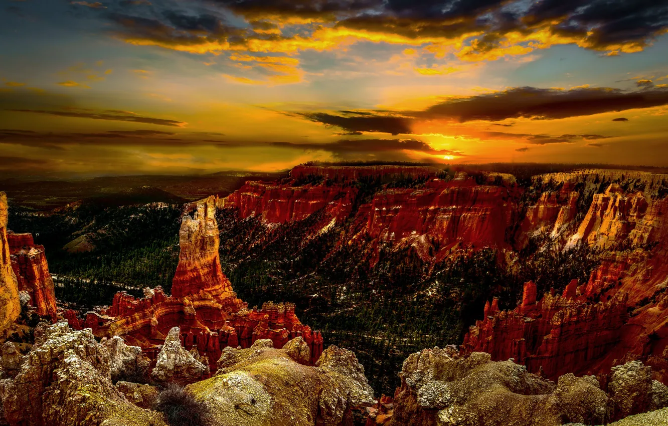 Photo wallpaper the sky, the sun, clouds, landscape, sunset, nature, open, rocks