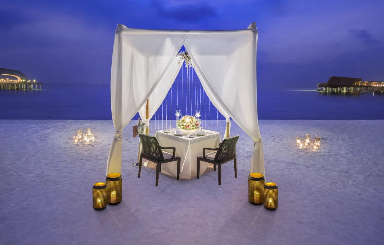 Photo wallpaper beach, the ocean, romance, the evening, candles, The Maldives, resort, dinner