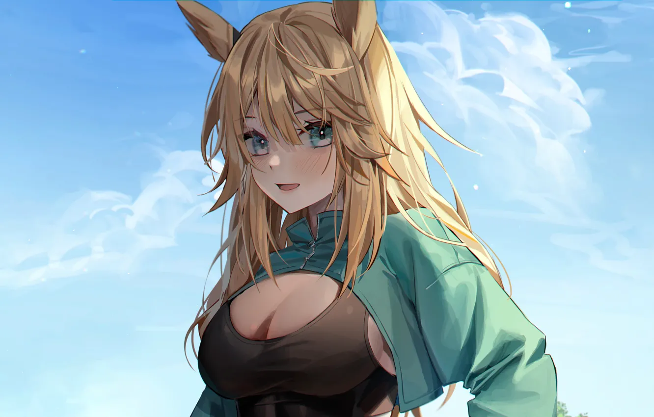 Photo wallpaper girl, sexy, cleavage, green eyes, long hair, boobs, animal ears, anime