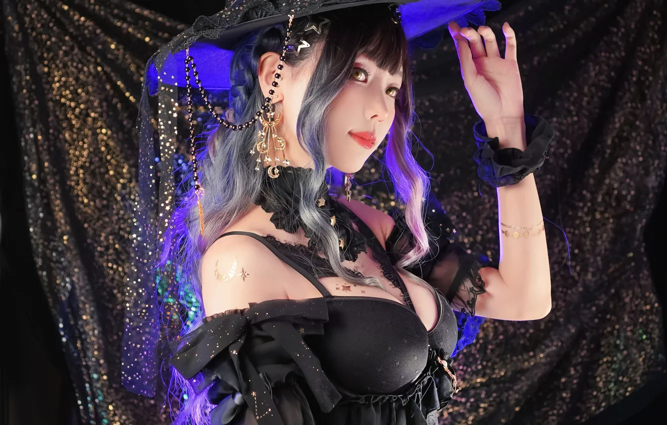 Photo wallpaper hat, gesture, cosplay, veil, neckline, witch, big Breasts, Asian