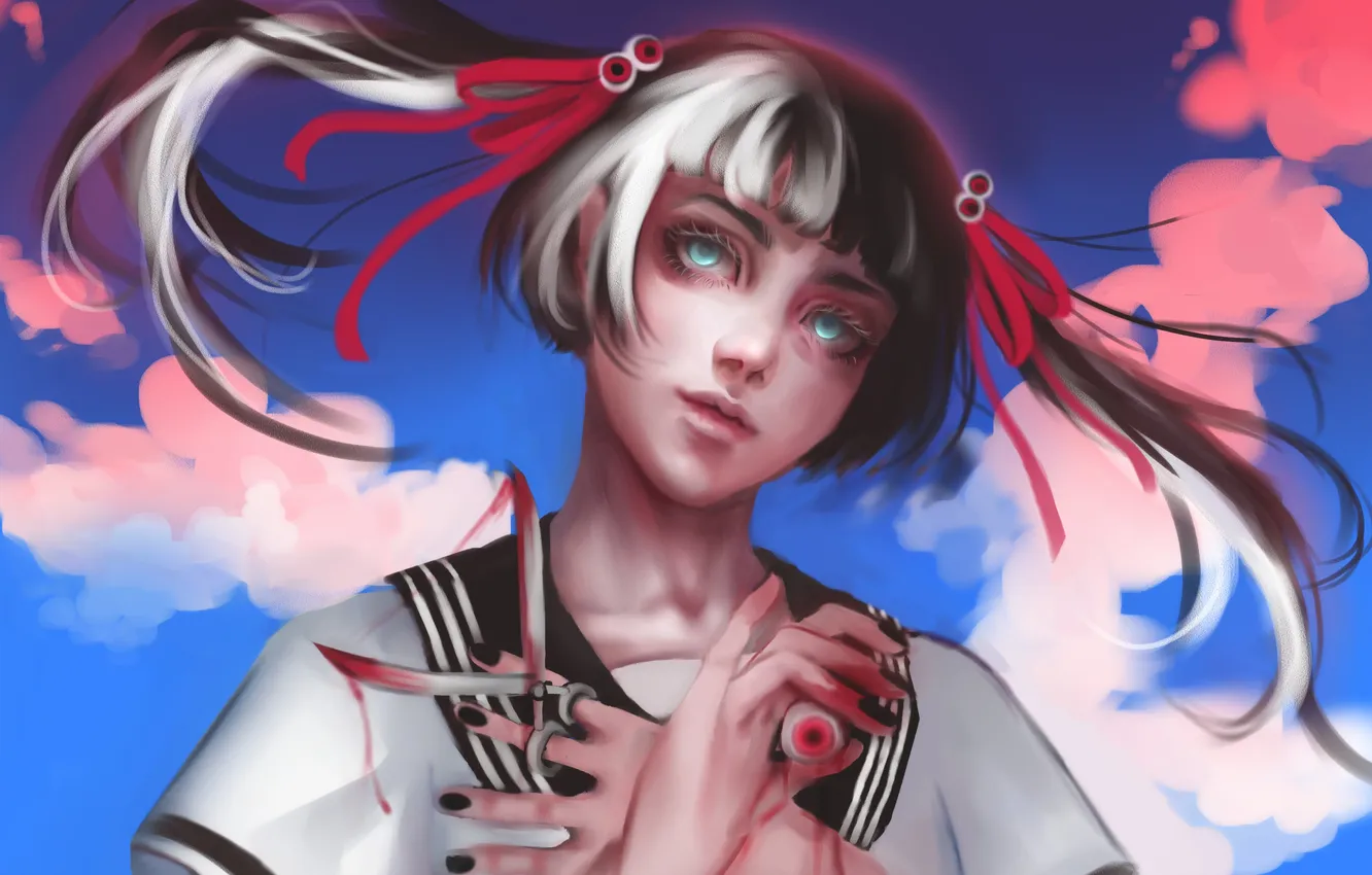Photo wallpaper the sky, eyes, girl, blood, anime, art, anime, scissors