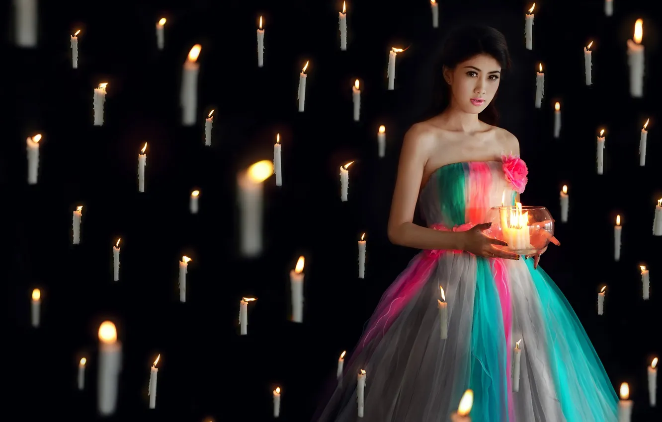 Photo wallpaper look, girl, candles, Asian