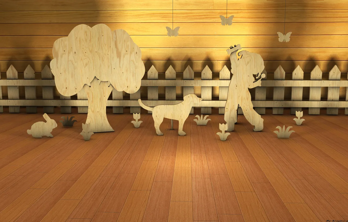 Photo wallpaper trees, children, dog, wood