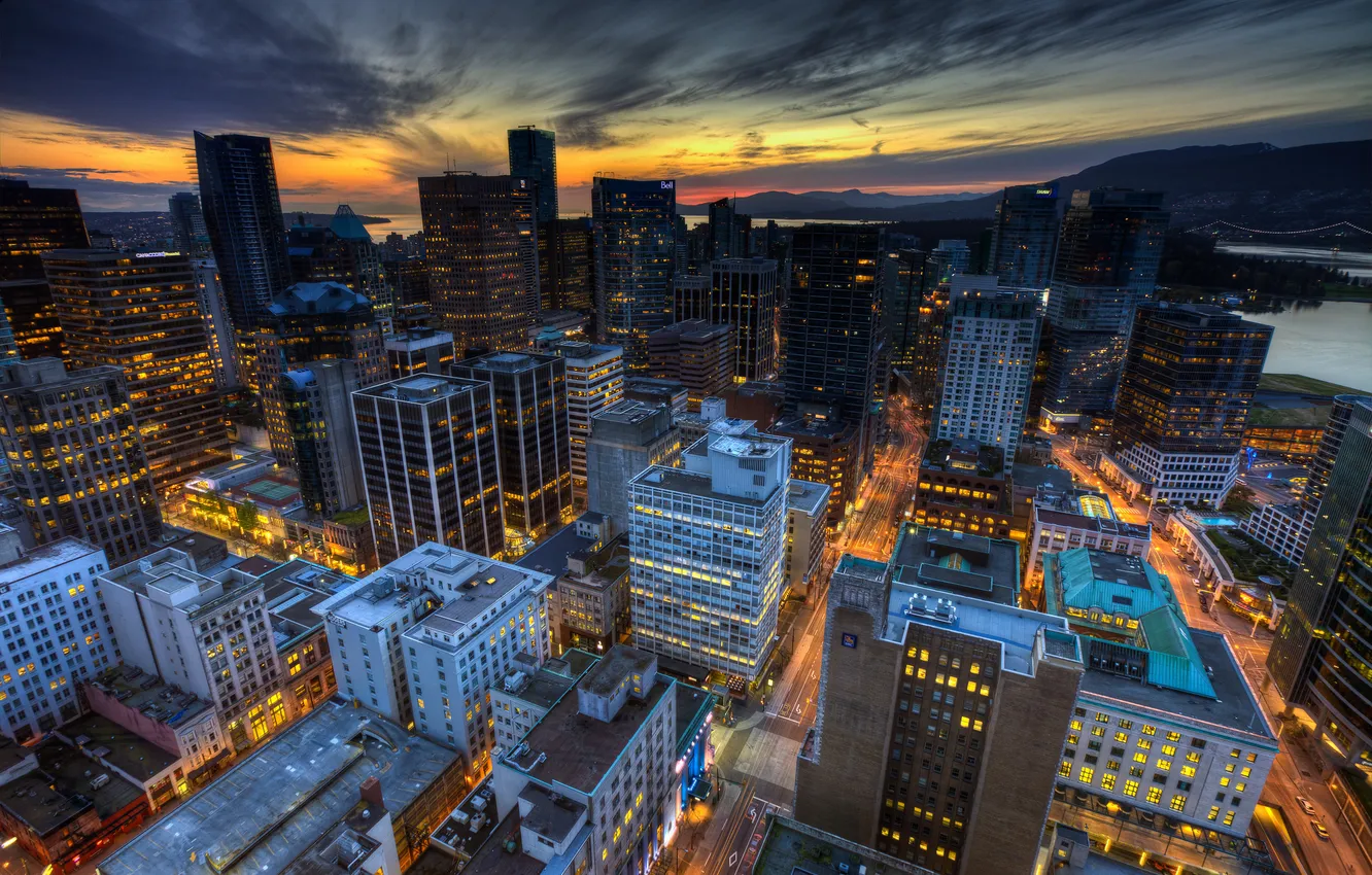 Photo wallpaper the sky, sunset, the city, lights, HDR, home, excerpt, Canada