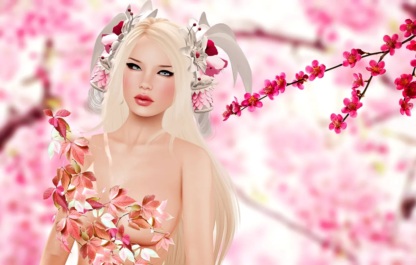 Photo wallpaper girl, blonde, flowering