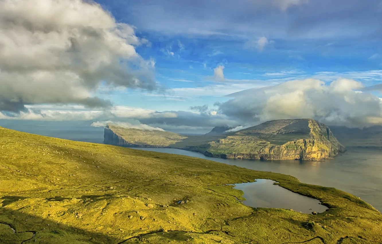Photo wallpaper sea, clouds, coast, island, Denmark, Faroe Islands, Klaksvik