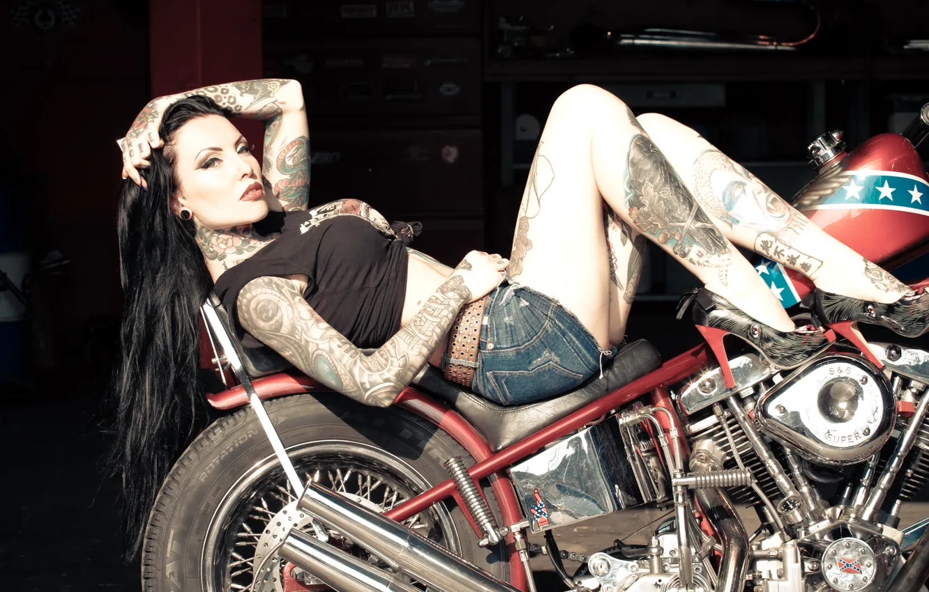 Photo wallpaper girl, tattoo, motorcycle