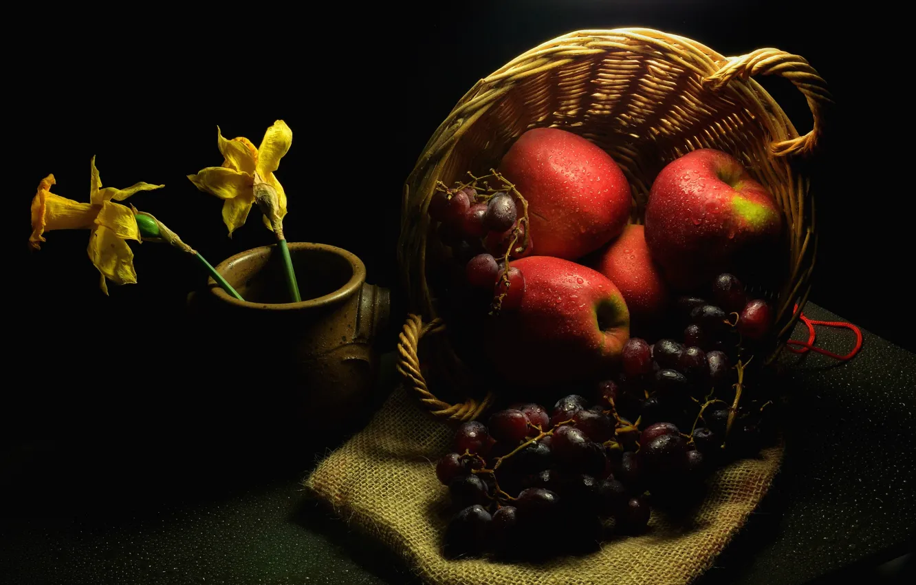 Photo wallpaper drops, flowers, darkness, table, apples, grapes, red, pot