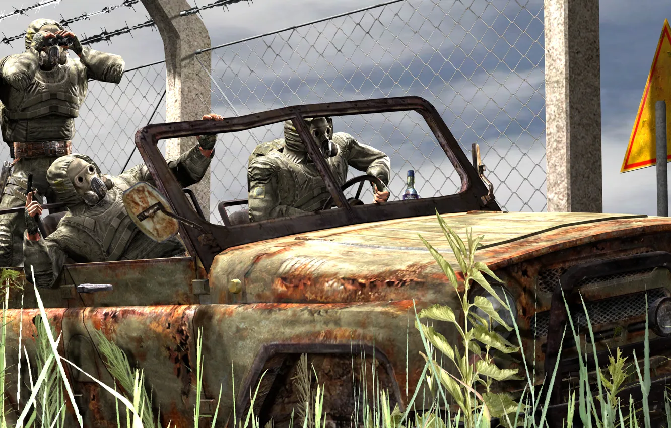 Photo wallpaper grass, sign, the fence, car, fun time loners