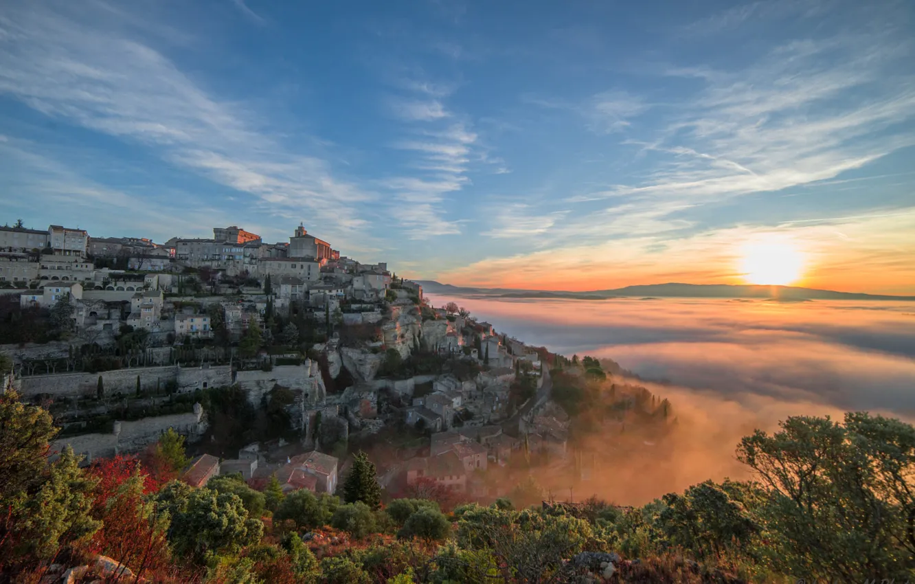 Photo wallpaper the sky, the sun, clouds, mountains, the city, fog, blue, dawn
