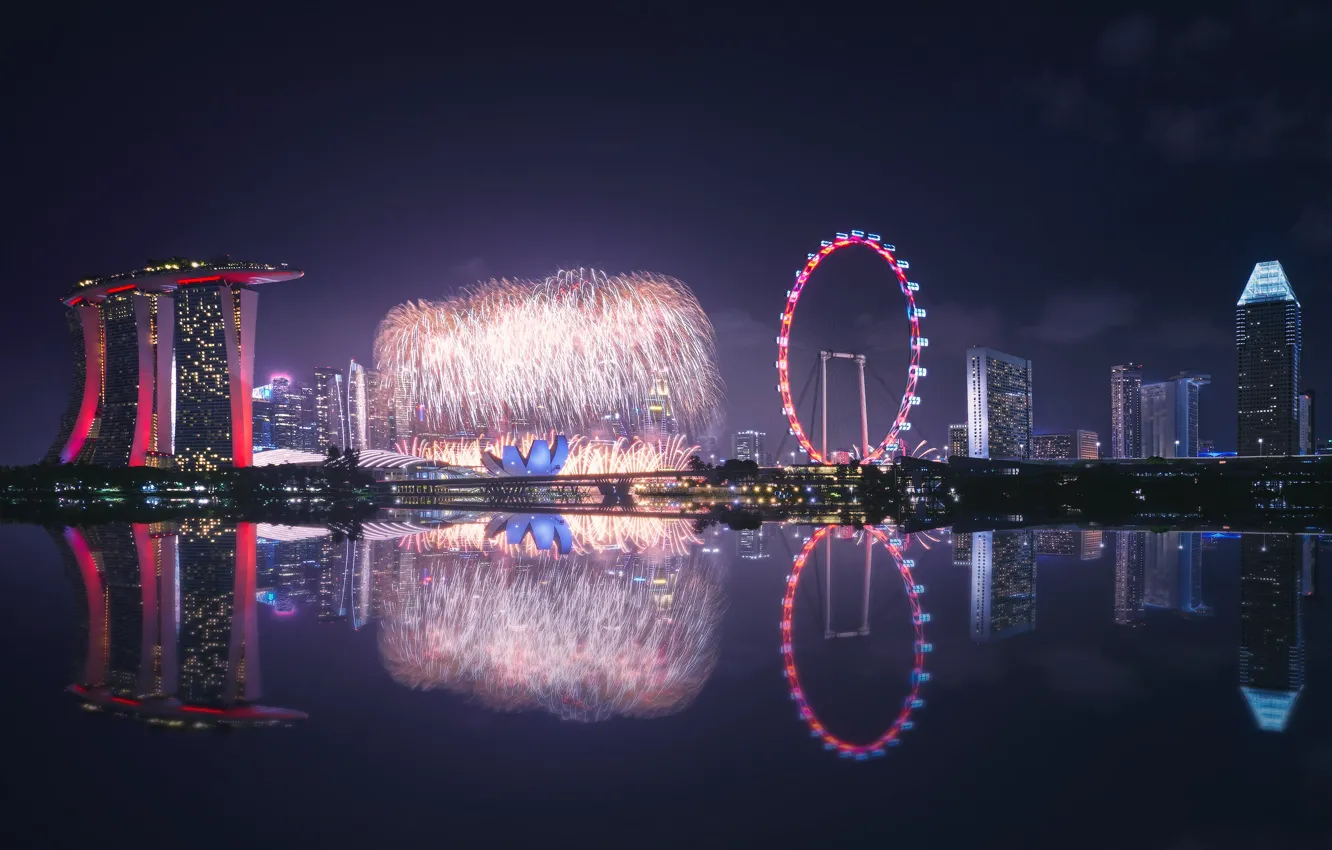 Photo wallpaper night, the city, Singapore, Ferris wheel, pond