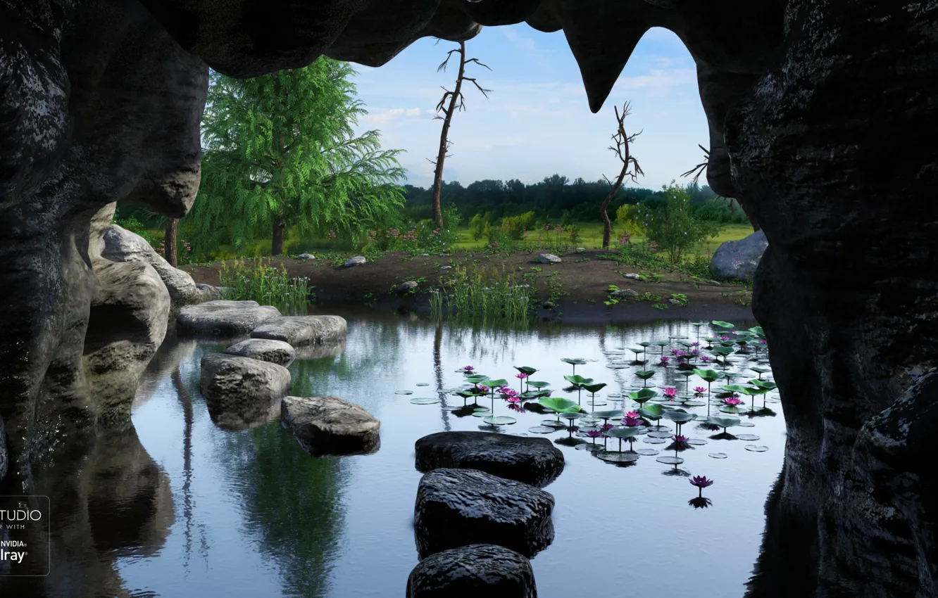 Photo wallpaper stones, shore, cave, pond, Grotto