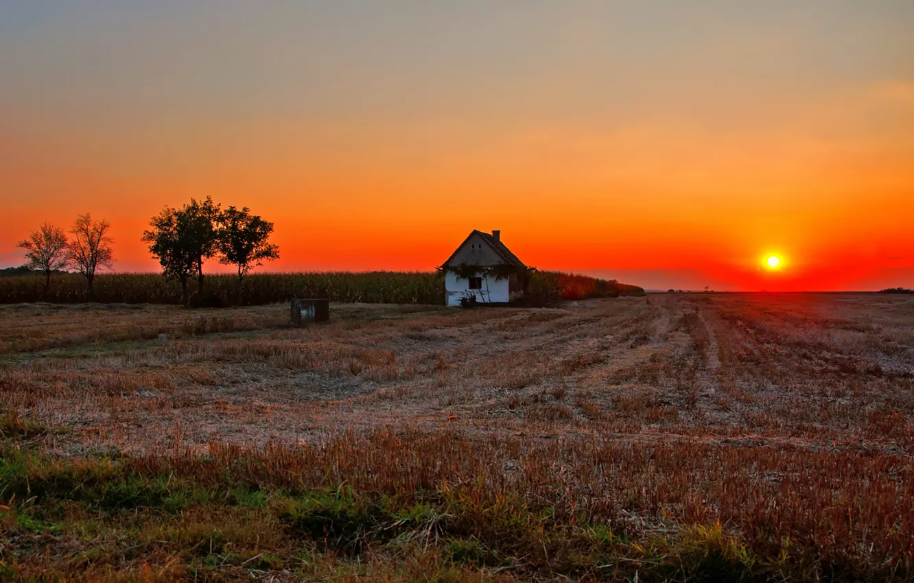 Photo wallpaper house, fireball, twilight, field, sunset, sun, dusk, countryside