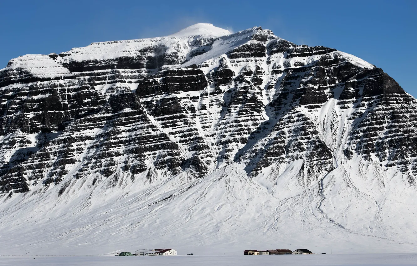 Photo wallpaper winter, snow, mountains, house, Iceland