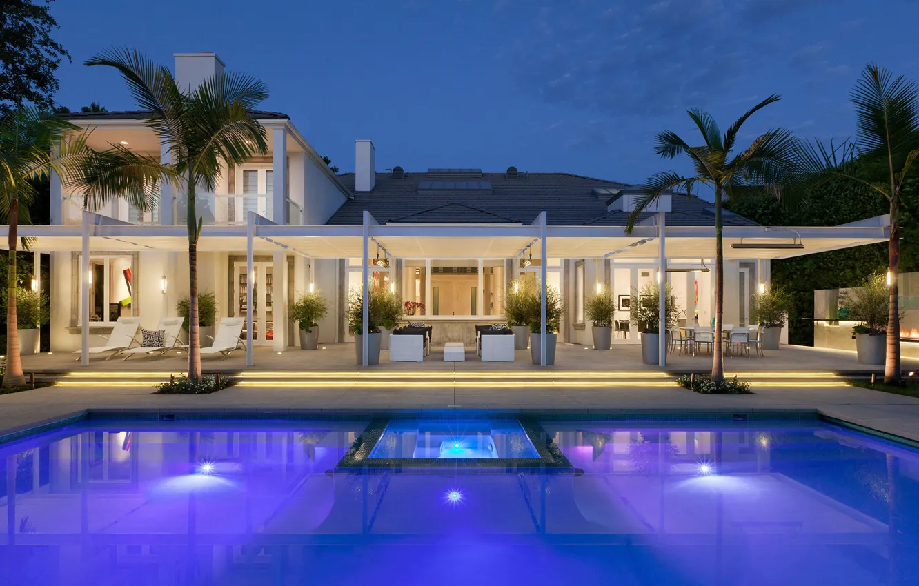 Photo wallpaper design, palm trees, Villa, the evening, pool, lighting, architecture, terrace