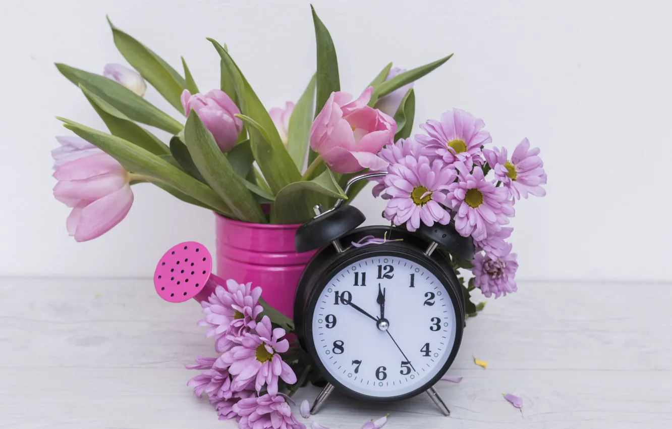 Photo wallpaper Tulips, Alarm clock, Chrysanthemum, Lake