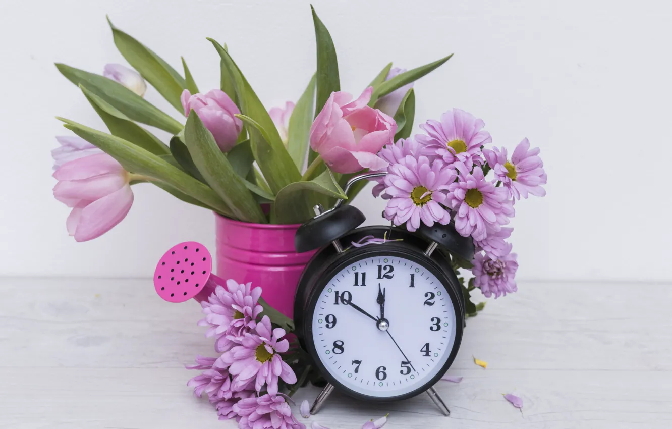 Photo wallpaper alarm clock, tulips, lake, chrysanthemum