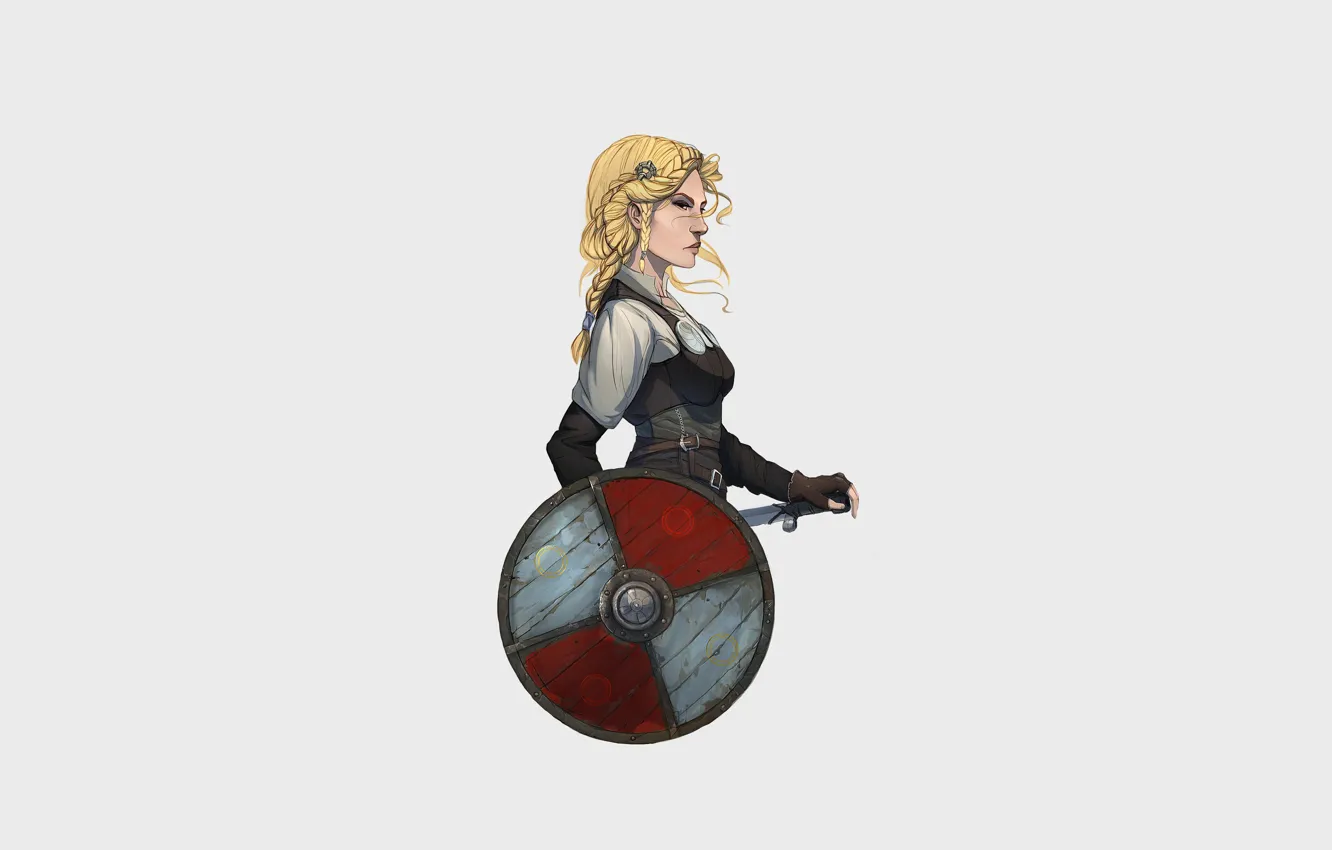 Photo wallpaper girl, fantasy, style, art, background, blonde, shield, warrior
