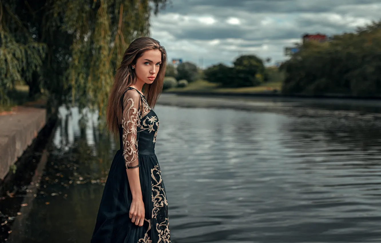 Photo wallpaper Girl, Look, River, Black, Hair, Dress, Mila Budaeva