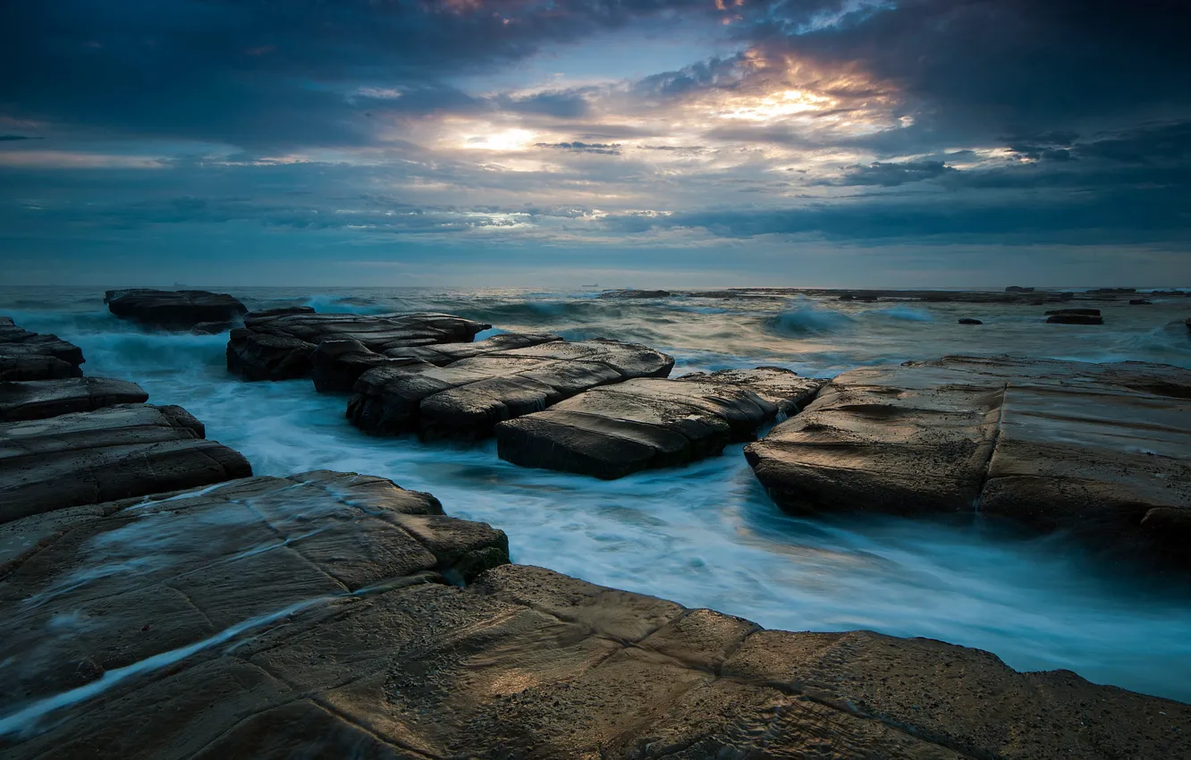 Photo wallpaper sea, the sky, clouds, stones, rocks, the evening