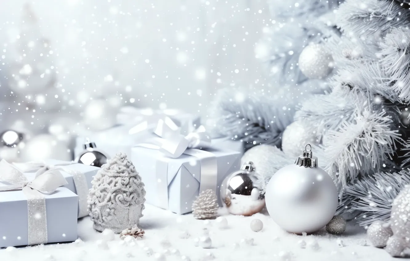 Photo wallpaper winter, balls, snow, branches, gift, silver, new year, silver