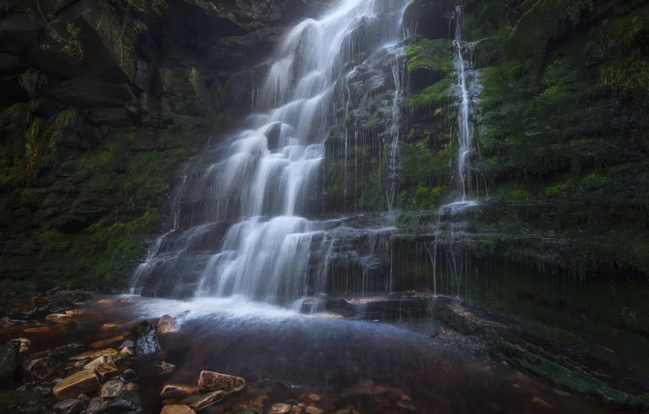 Photo wallpaper rocks, waterfall, stream