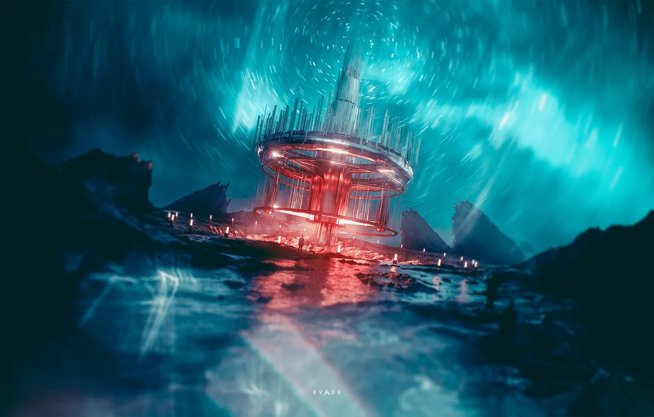 Photo wallpaper rocks, people, construction, starlight