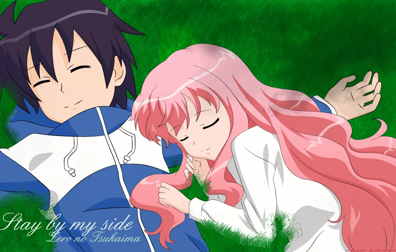 Photo wallpaper grass, girl, pair, guy, zero no tsukaima, Improvised Louise The Zero, louise françoise le blanc …