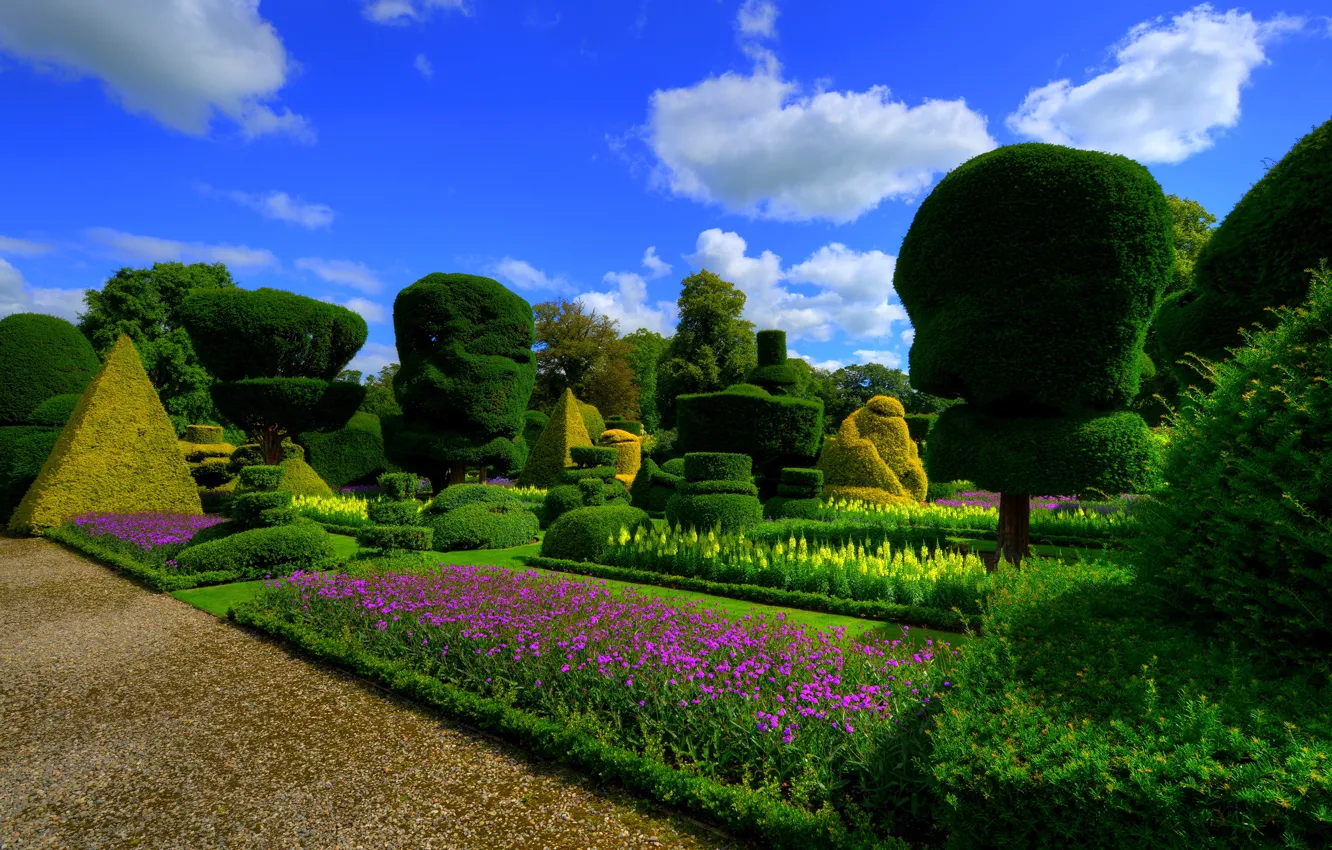 Photo wallpaper greens, the sky, the sun, clouds, trees, flowers, design, lawn