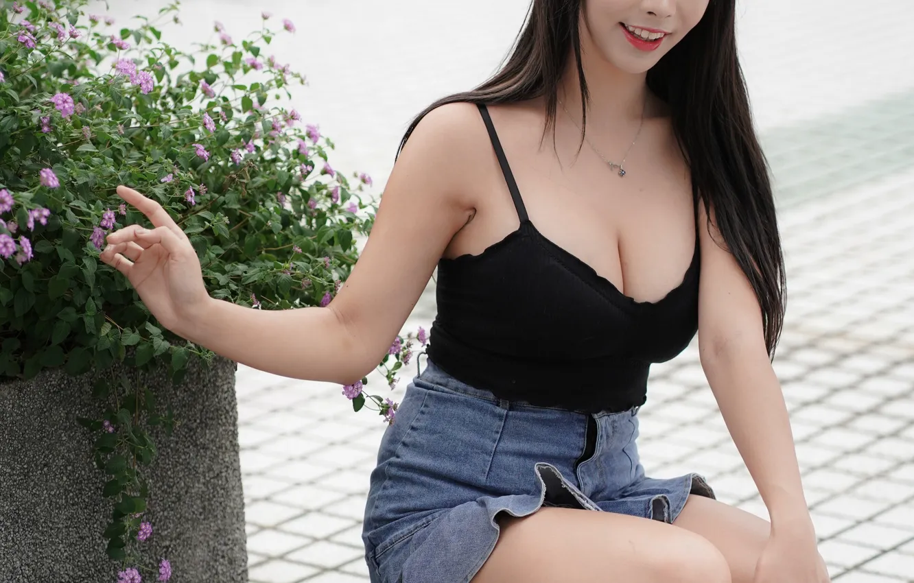 Photo wallpaper feet, skirt, Mike, brunette, neckline, Asian, sitting