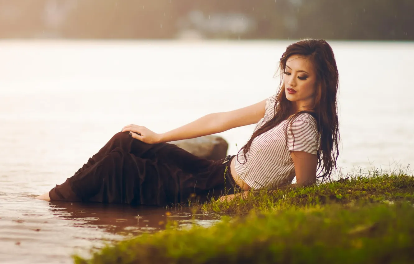 Photo wallpaper water, girl, river, rain, Asian