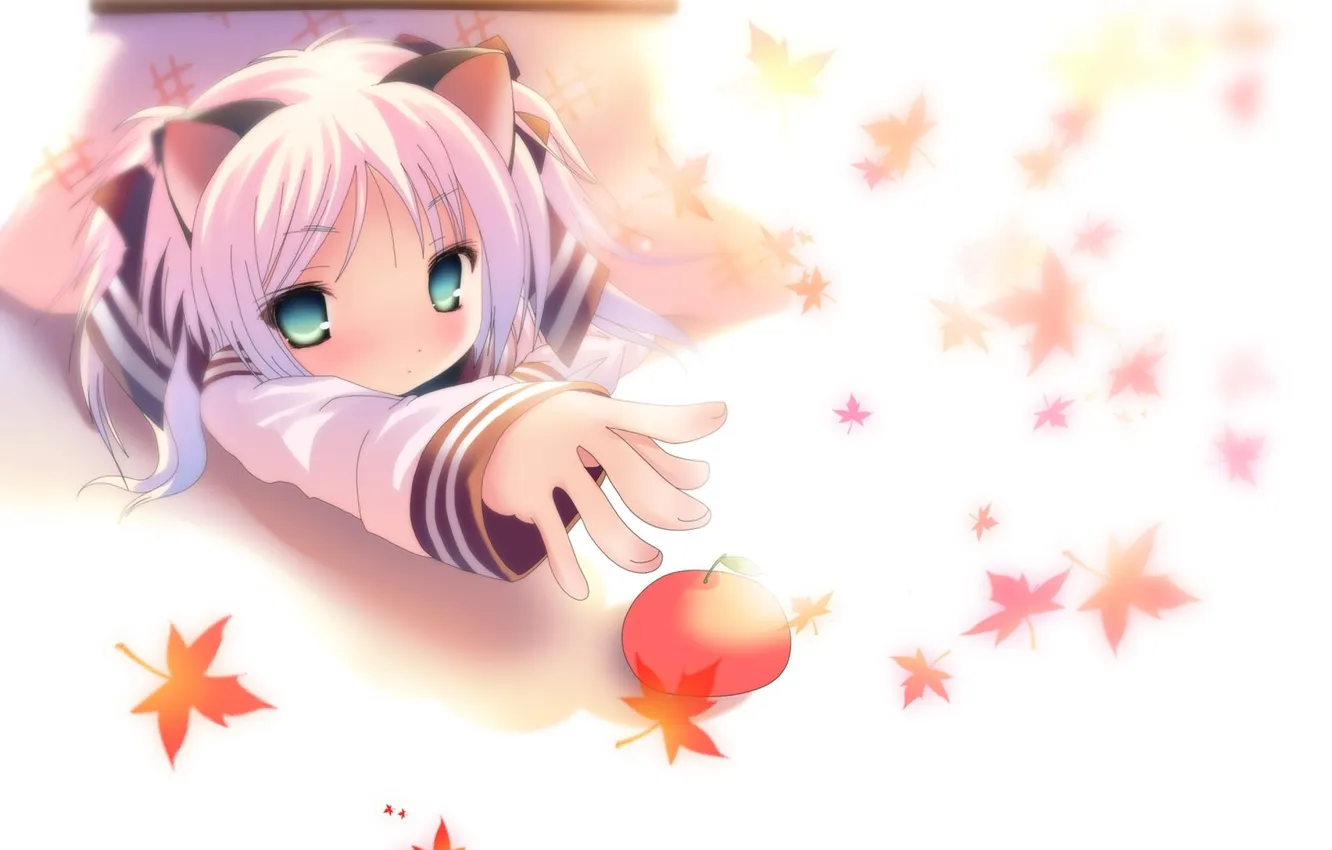Photo wallpaper apples, girl, ears, maple leaves, Lucky Star