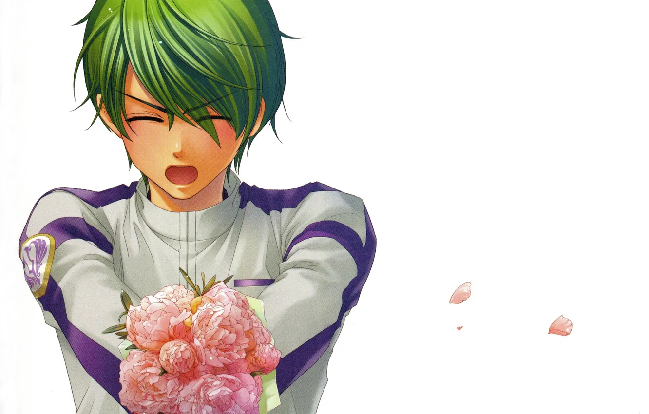 Photo wallpaper bouquet, emblem, guy, green hair, closed eyes, pink peonies, embarrassment, visual novel