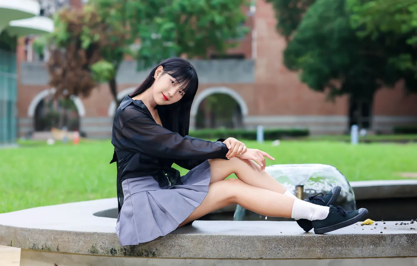 Photo wallpaper girl, skirt, blouse, legs, Asian