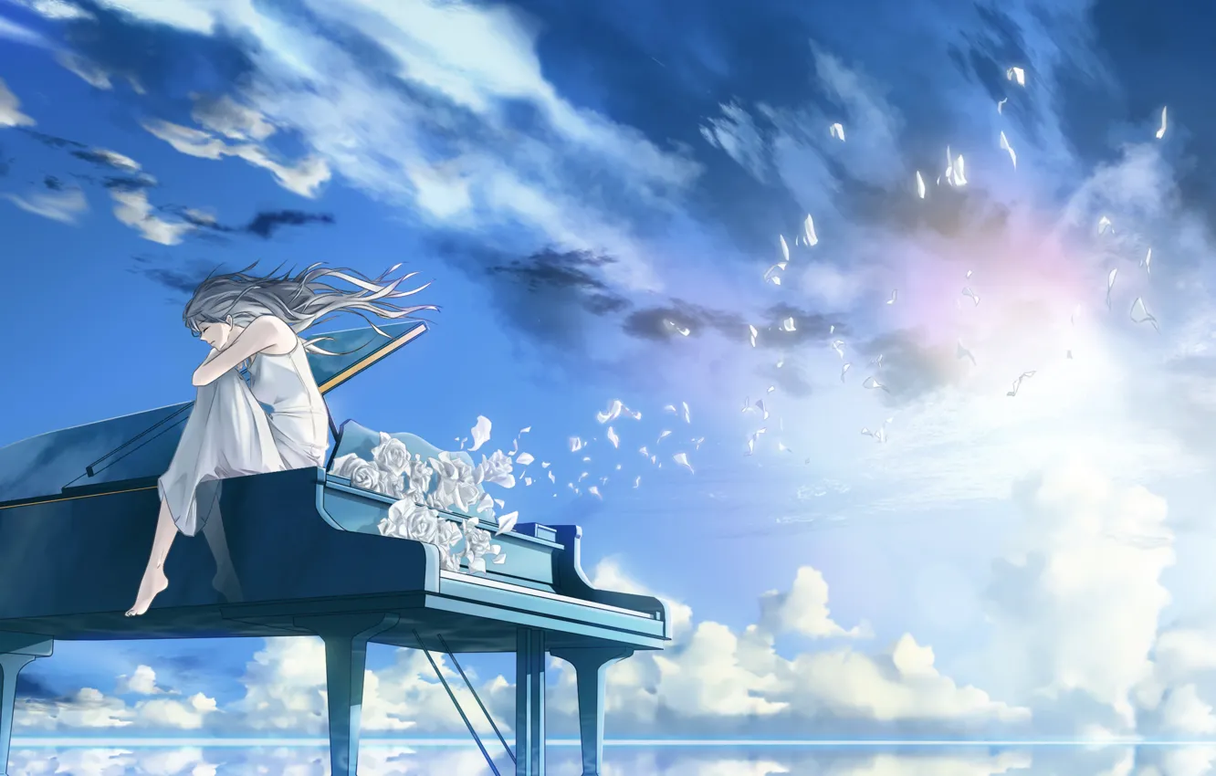 Photo wallpaper the sky, water, girl, flowers, piano