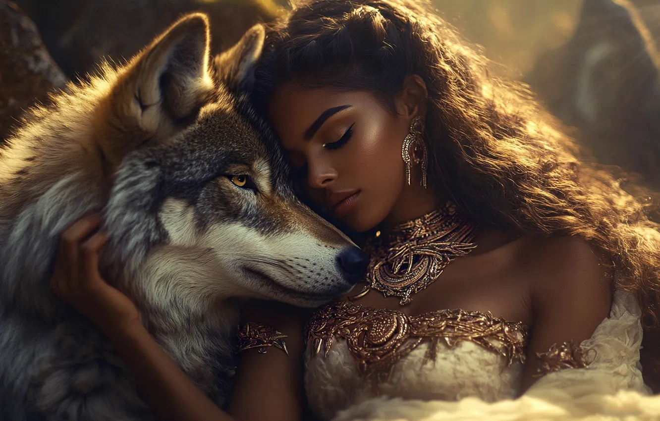 Photo wallpaper girl, decoration, each, wolf, fantasy, image, Princess, AI art