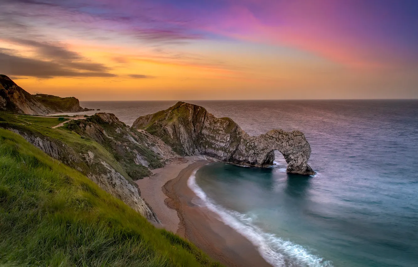 Photo wallpaper sea, sunset, rocks, coast, England, arch, England, The Channel