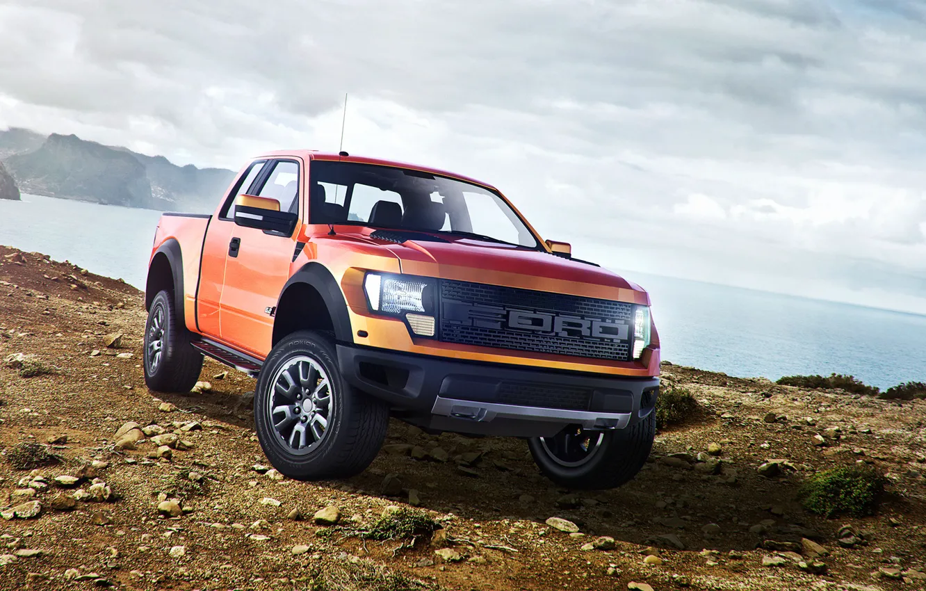 Photo wallpaper Ford, Sky, Raptor, Mountains, Pickup, Sea, F150