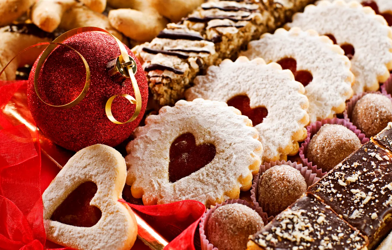 Photo wallpaper decoration, tape, holiday, balls, food, heart, cookies, candy