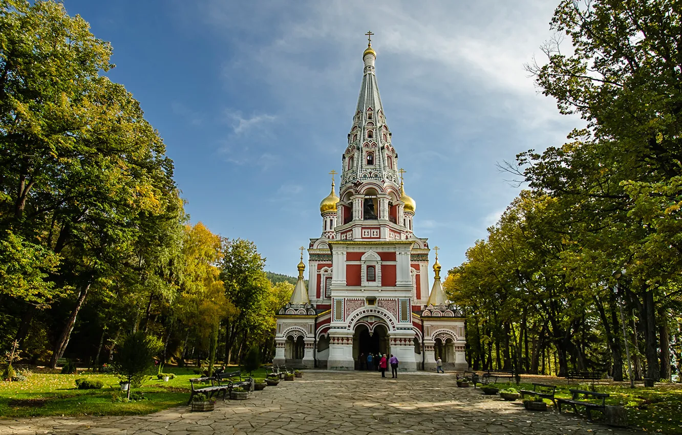 Photo wallpaper the sky, grass, clouds, trees, Church, temple, religion, Bulgaria