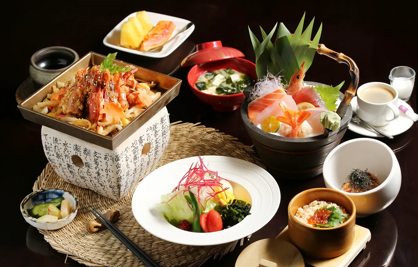 Photo wallpaper fish, vegetables, caviar, dish, sushi, seafood, cuts