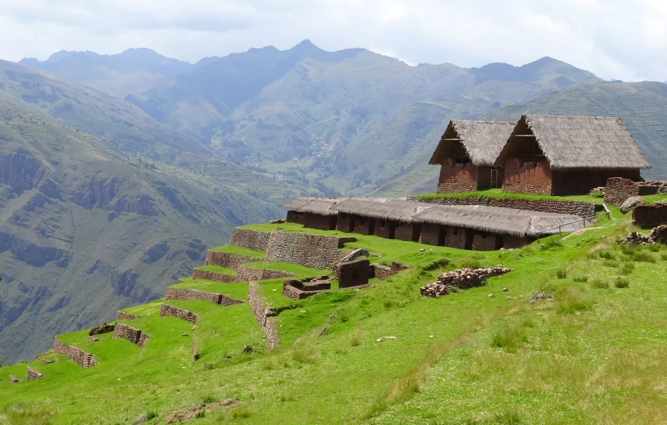 Photo wallpaper house, grass, landscape, nature, stone, beautiful, mountain, architecture