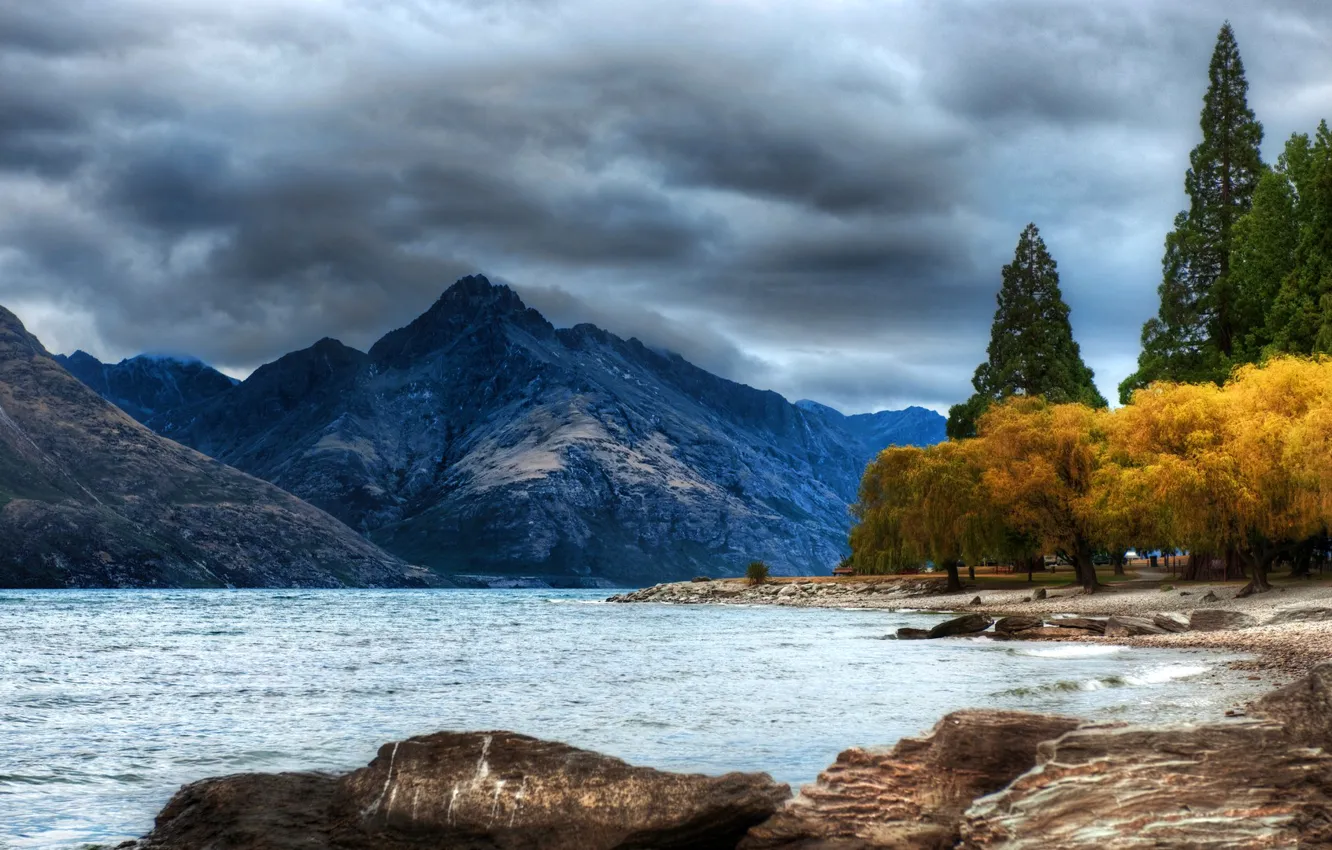 Photo wallpaper autumn, the sky, trees, mountains, clouds, lake, hdr