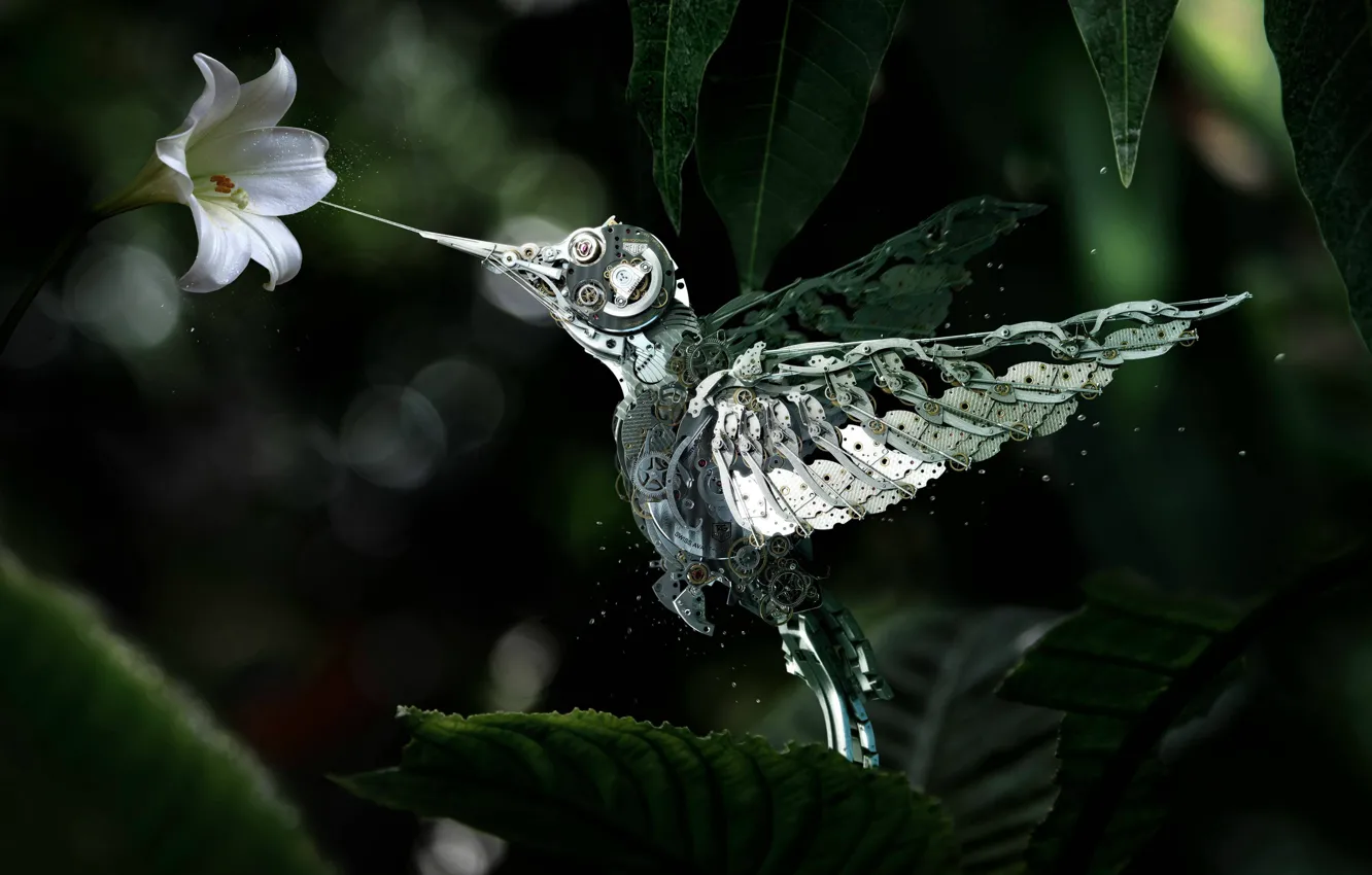 Photo wallpaper flowers, mechanism, robot, bird