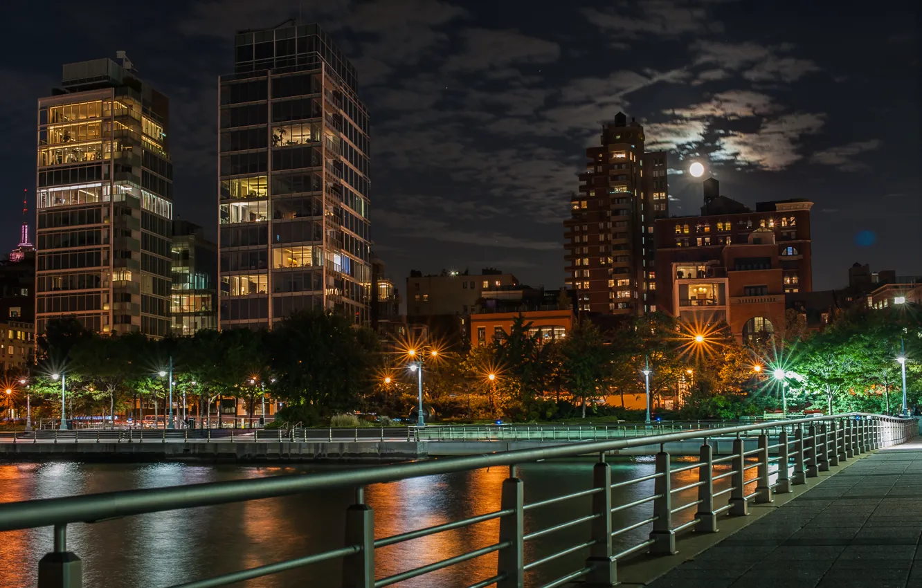 Photo wallpaper the sky, night, bridge, the moon, building, New York, moon, USA
