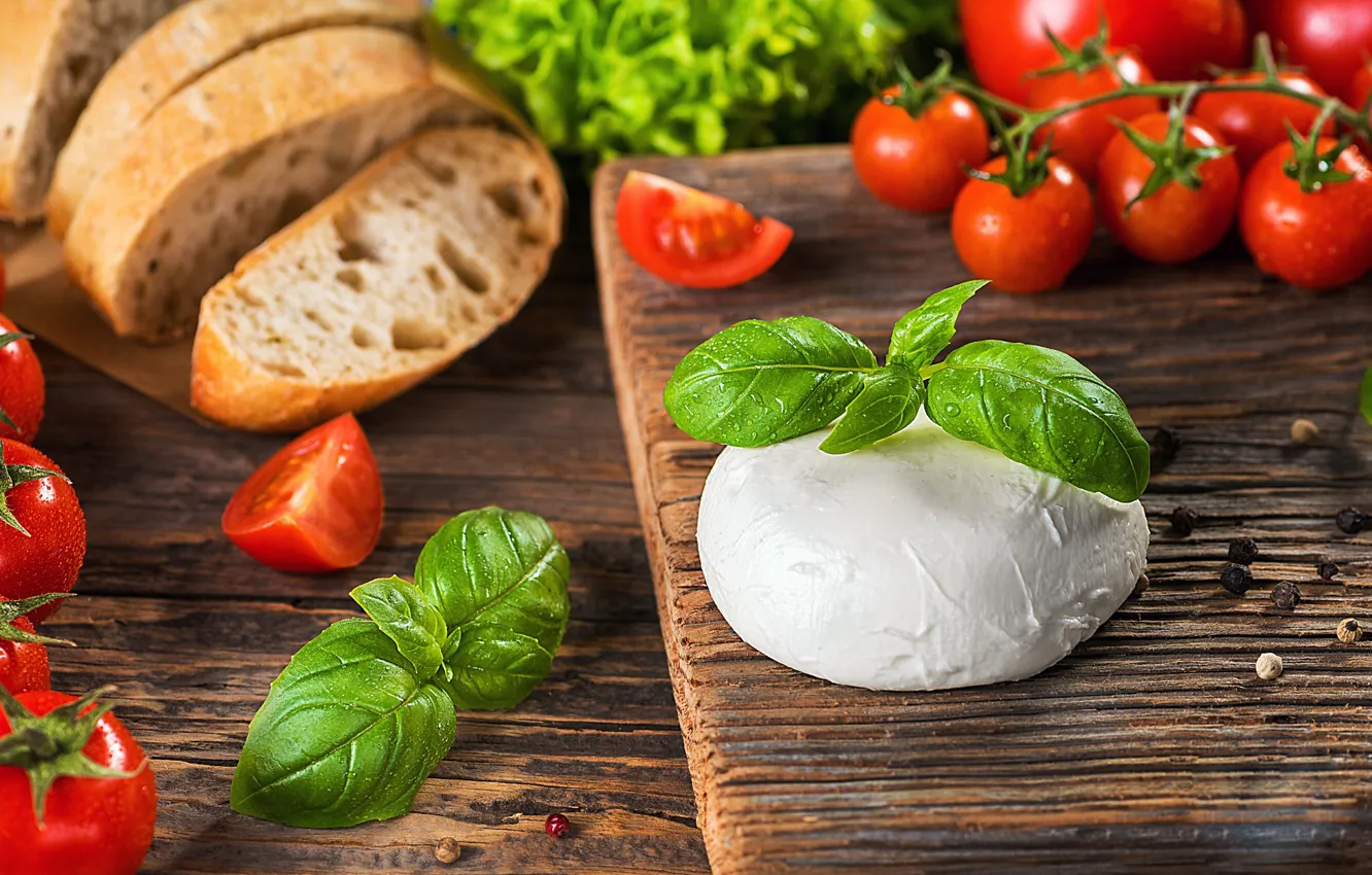 Photo wallpaper greens, cheese, bread, tomatoes