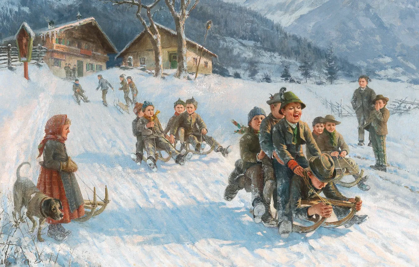 Photo wallpaper German painter, German painter, oil on canvas, Fun Sleigh Ride, Funny sleigh ride, Toboggan fun …