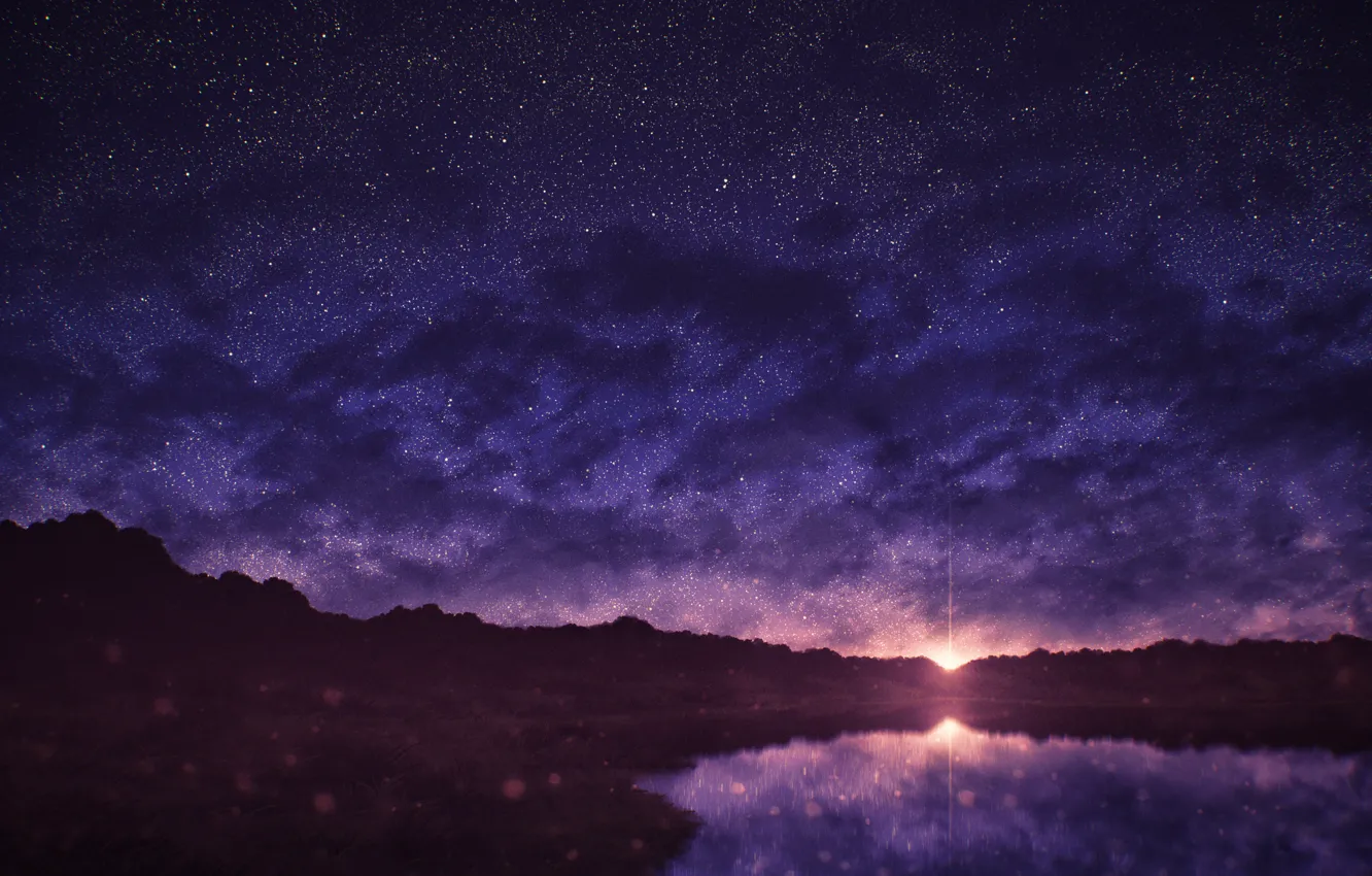 Photo wallpaper sunset, nature, pond, starry sky