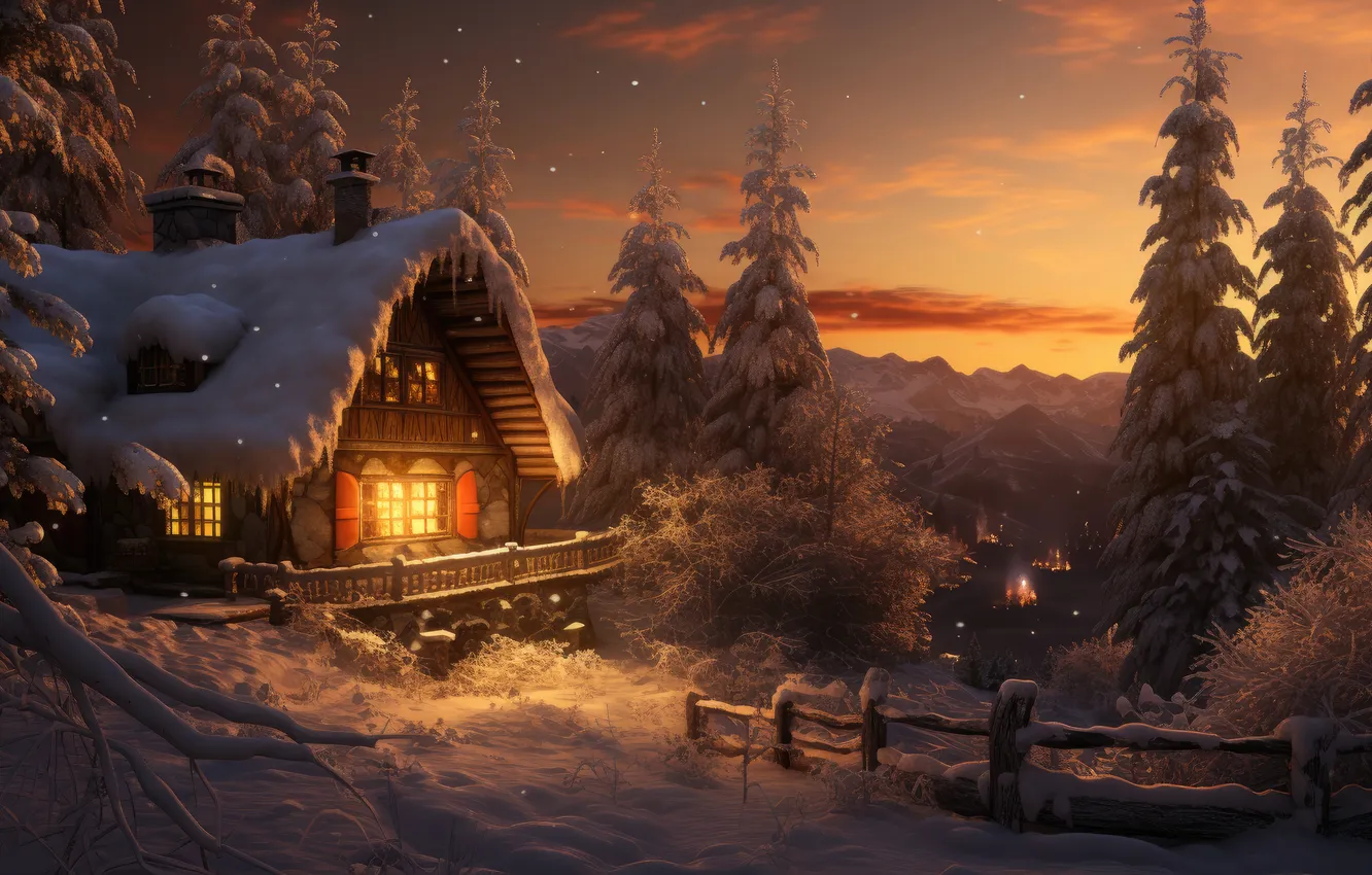 Photo wallpaper winter, forest, snow, mountains, night, nature, house, house